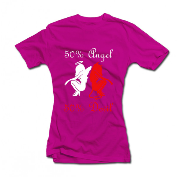 Moteriški marškinėliai "50% angeliukė, 50% velniukė"