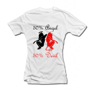 Moteriški marškinėliai "50% angeliukė, 50% velniukė"