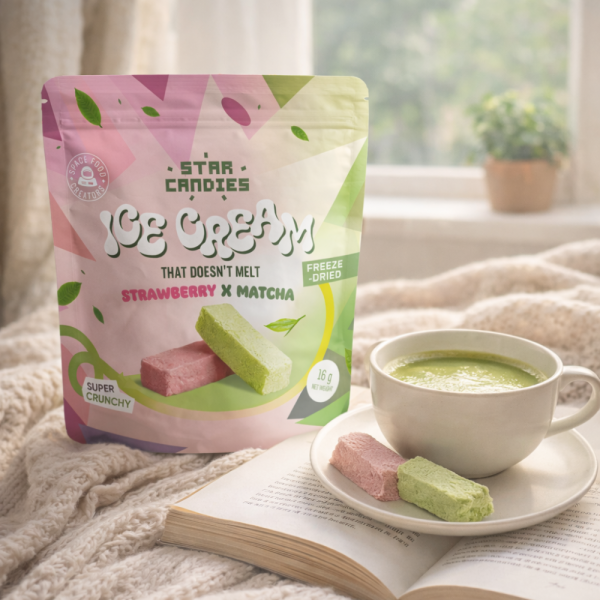 STAR CANDIES šaltyje džiovinti Matcha ir braškių skonio ledai, 16g