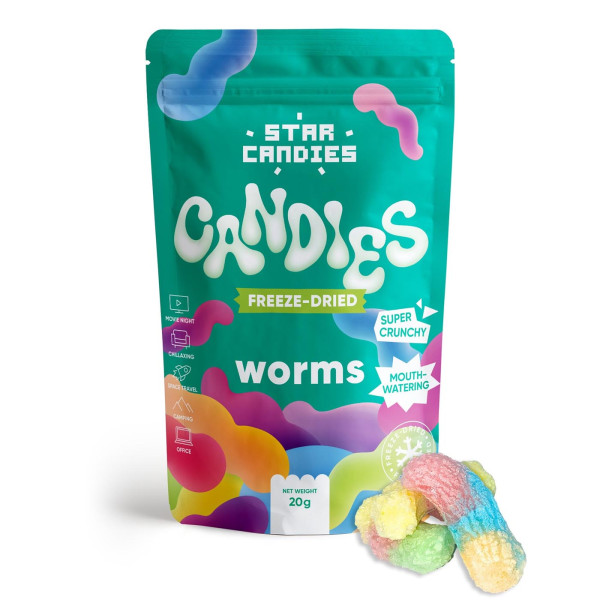 STAR CANDIES šaltyje džiovinti guminukai "Worms", 20g STAR CANDIES šaltyje džiovinti guminukai "Worms", 20g