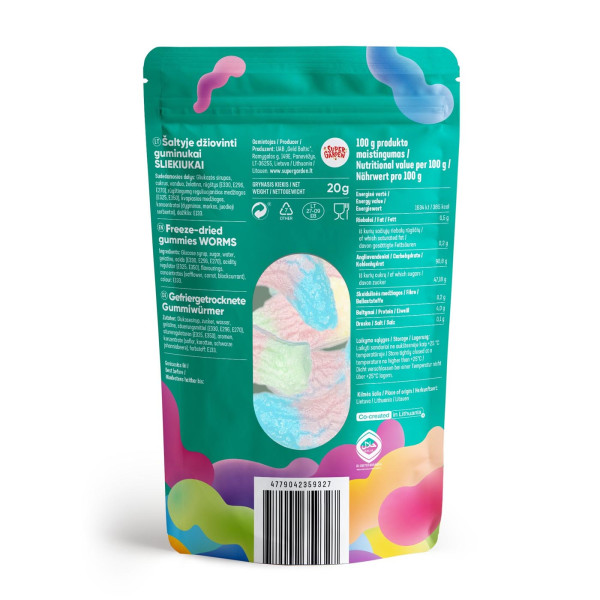 STAR CANDIES šaltyje džiovinti guminukai "Worms", 20g STAR CANDIES šaltyje džiovinti guminukai "Worms", 20g