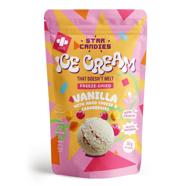 STAR CANDIES šaltyje džiovinti vaniliniai ledai su kietuoju sūriu ir spanguolėmis, 50g STAR CANDIES šaltyje džiovinti vaniliniai ledai su kietuoju sūriu ir spanguolėmis, 50g
