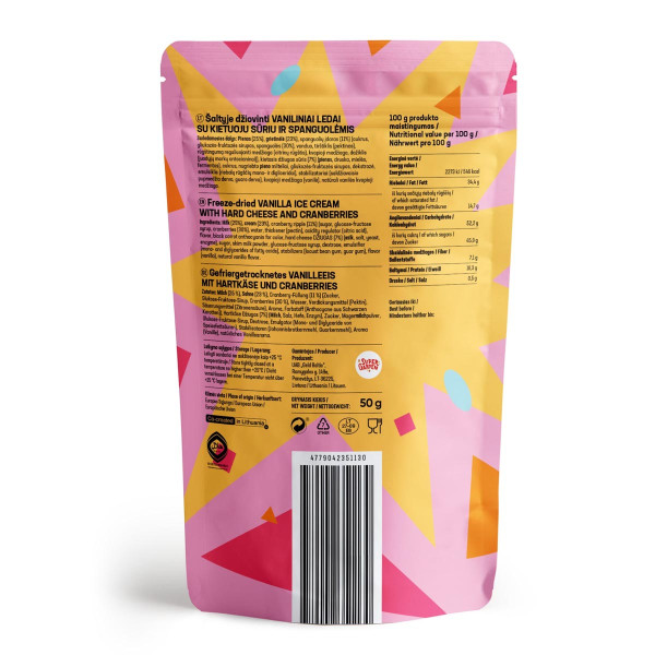 STAR CANDIES šaltyje džiovinti vaniliniai ledai su kietuoju sūriu ir spanguolėmis, 50g STAR CANDIES šaltyje džiovinti vaniliniai ledai su kietuoju sūriu ir spanguolėmis, 50g