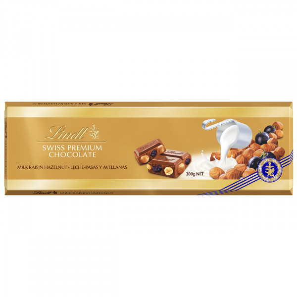 XL "LINDT GOLD" pieninis šokoladas su razinomis, lazdynų riešutais ir migdolais, 300g