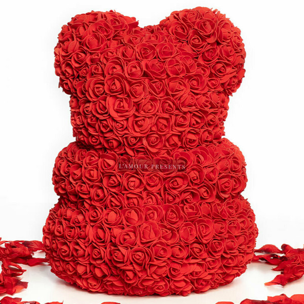 XL Meškiukas iš rožių, raudonas (40cm)