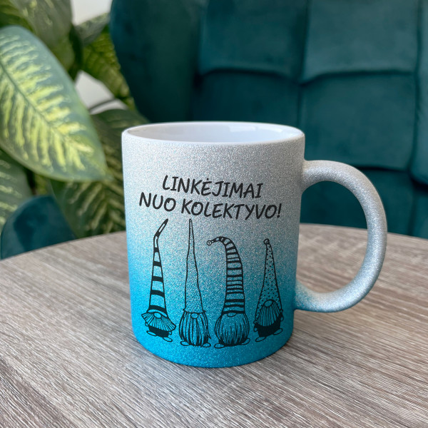 Blizgus puodelis "Linkėjimai nuo kolektyvo"