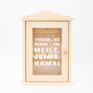 Medinė raktų dėžutė su stiklu "Meilė, šeima, namai"