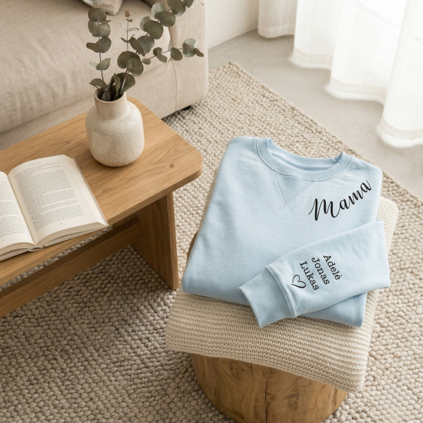 UNISEX pastelinis "Sully" džemperis "Mama" su vaikų vardais ant rankovės