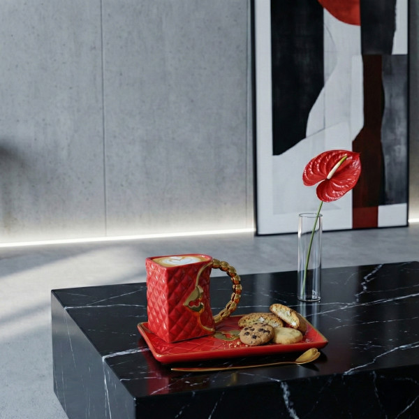 Puodelis "Rankinė" su lėkštute ir širdelės formos šaukšteliu