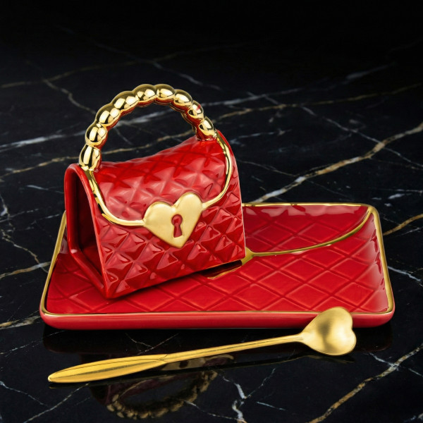 Puodelis "Rankinė" su lėkštute ir širdelės formos šaukšteliu