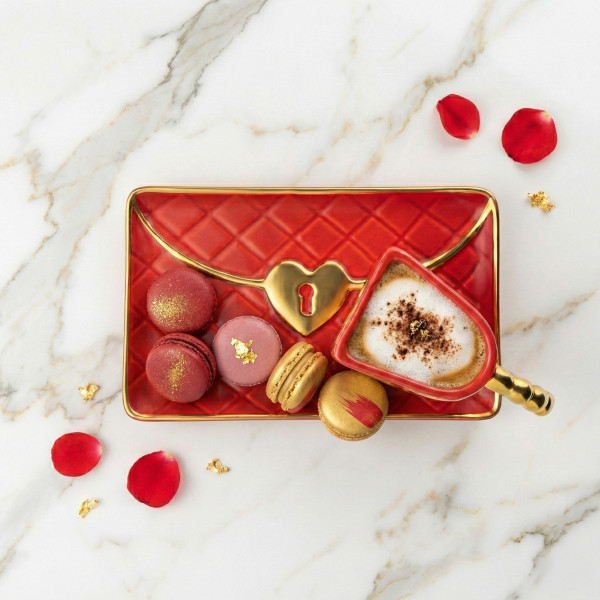 Puodelis "Rankinė" su lėkštute ir širdelės formos šaukšteliu