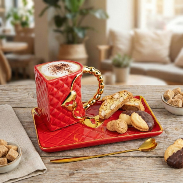 Puodelis "Rankinė" su lėkštute ir širdelės formos šaukšteliu