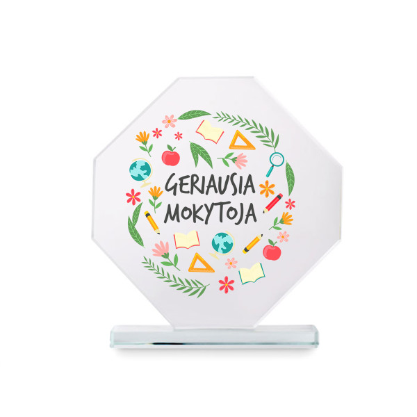 Stiklinis trofėjus dovanų dėžutėje "Geriausia mokytoja" Stiklinis trofėjus dovanų dėžutėje "Geriausia mokytoja"